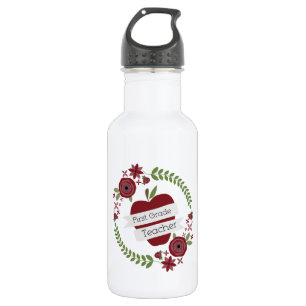 Floral Wreath Red Apple First Grade Teacher 532 Ml Water Bottle