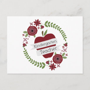 Floral Wreath Red Apple Kindergarten Teacher Postcard