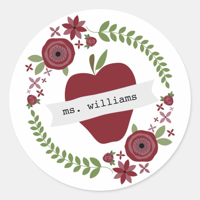 Floral Wreath Red Apple Personalised Teacher Classic Round Sticker (Front)