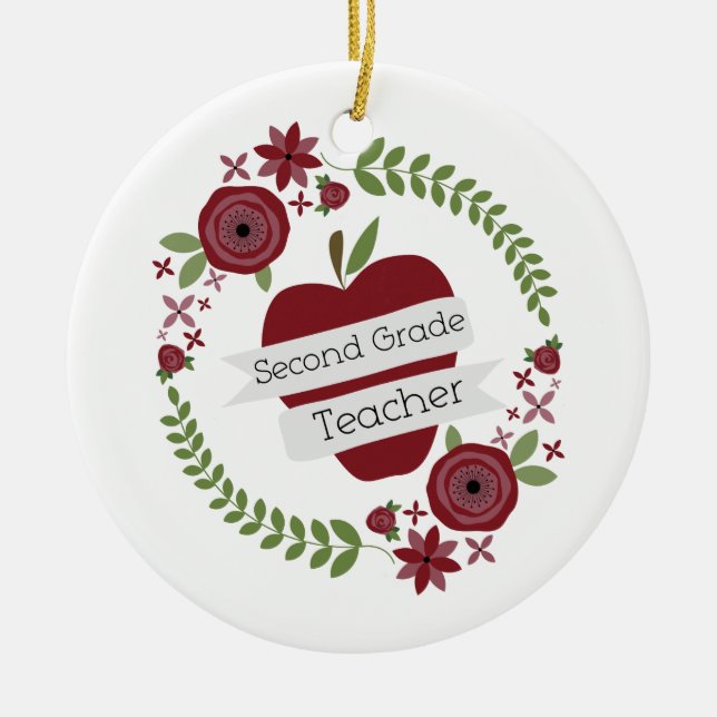 Floral Wreath Red Apple Second Grade Teacher Ceramic Tree Decoration (Front)