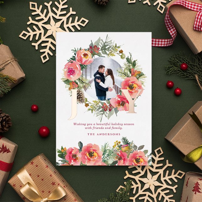 Floral Wreath Red Joy Botanical Christmas Photo  Foil Holiday Card (Creator Uploaded)
