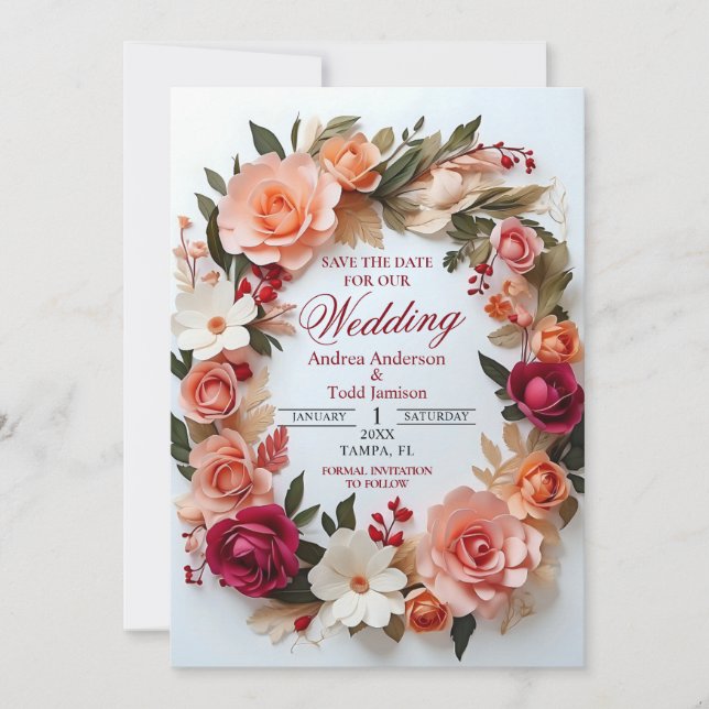 Floral wreath roses daisies wedding save the date (Front)