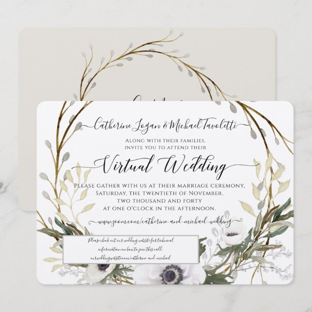 Floral Wreath Rustic Grey White Virtual Wedding Invitation (Front/Back)