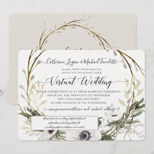 Floral Wreath Rustic Grey White Virtual Wedding Invitation