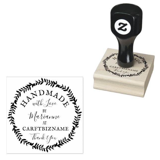 Floral wreath rustic thank you Handmade with Love Rubber Stamp (Stamped)