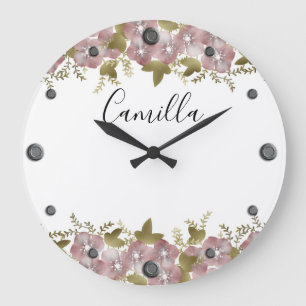 Floral wreath spring summer pink flowers green lea large clock