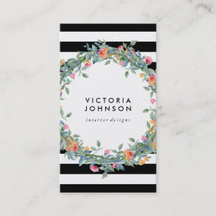 Floral wreath stripes circle frame business card