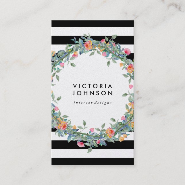 Floral wreath stripes circle frame business card (Front)