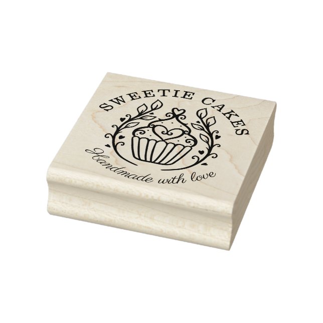 Floral Wreath Style Bakery Cupcake & Heart Logo Rubber Stamp (Stamp)