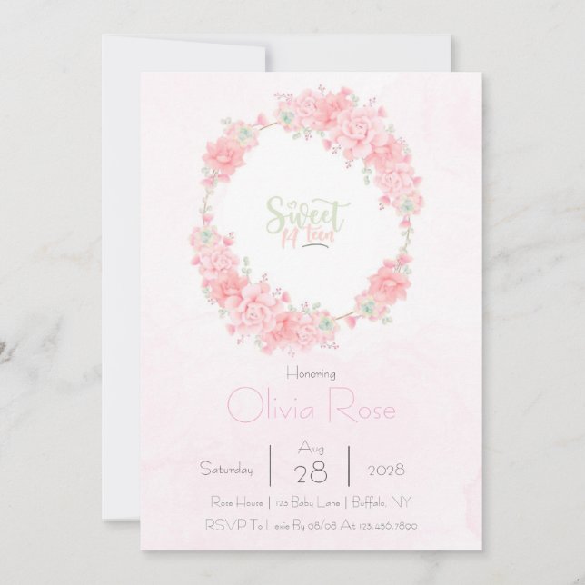 Floral Wreath Sweet 14th Girl Birthday Party Invit Invitation (Front)