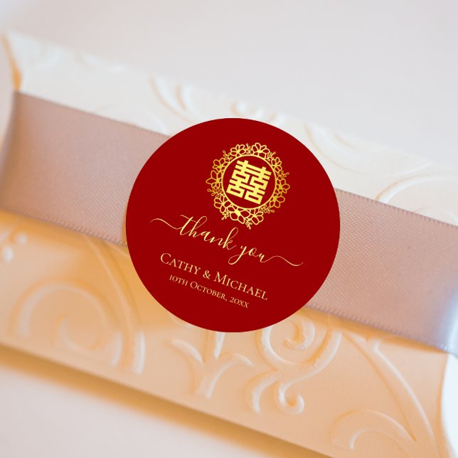 Floral wreath thank you red Chinese wedding Classic Round Sticker (Creator Uploaded)