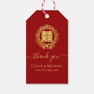 Floral wreath thank you red Chinese wedding Gift Tags