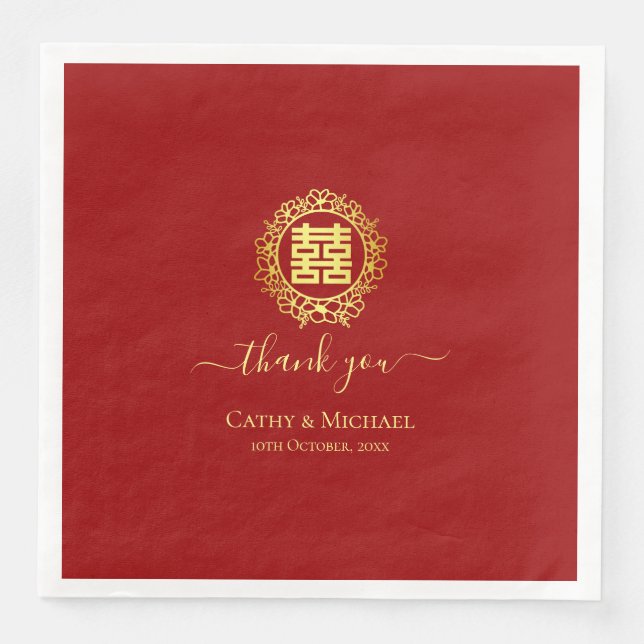 Floral wreath thank you red Chinese wedding Paper  Napkin (Front)