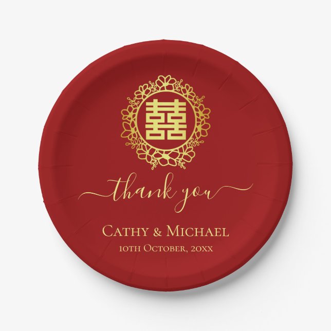 Floral wreath thank you red Chinese wedding Paper Plate (Front)