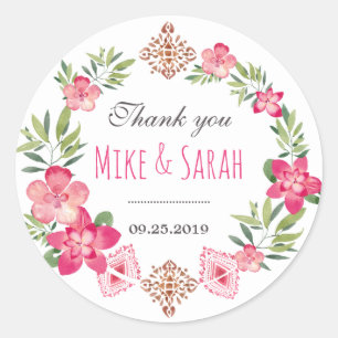 Floral Wreath Tribal Pattern Wedding Favour Sticke Classic Round Sticker