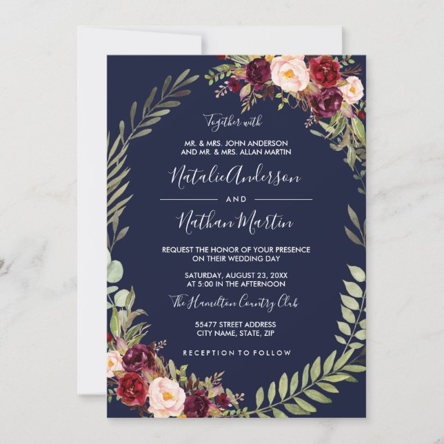 Floral Wreath Watercolor Burgundy Navy Wedding Invitation (Front)