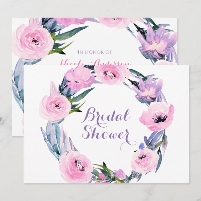 Floral Wreath Watercolor Elegant Bridal Shower Invitation (Front/Back)