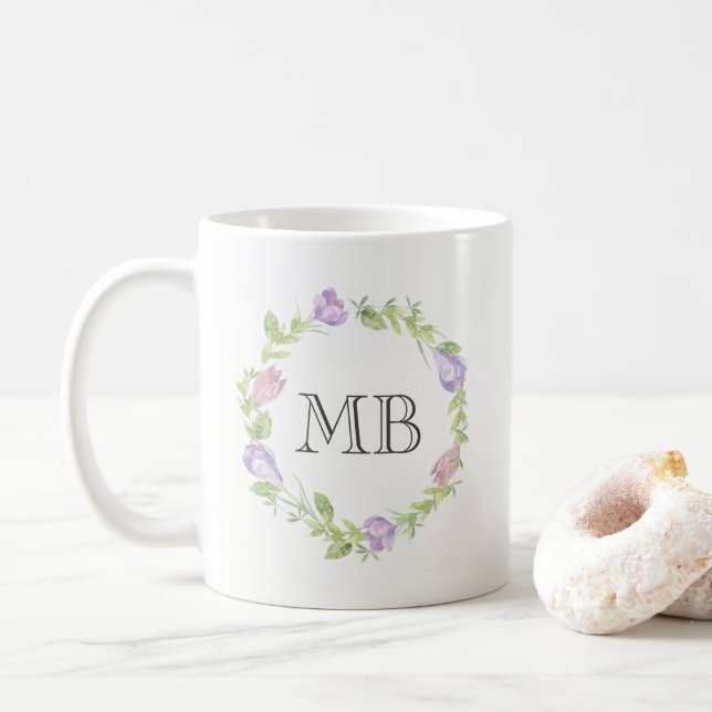 Floral wreath watercolor Monogram mug (With Donut)