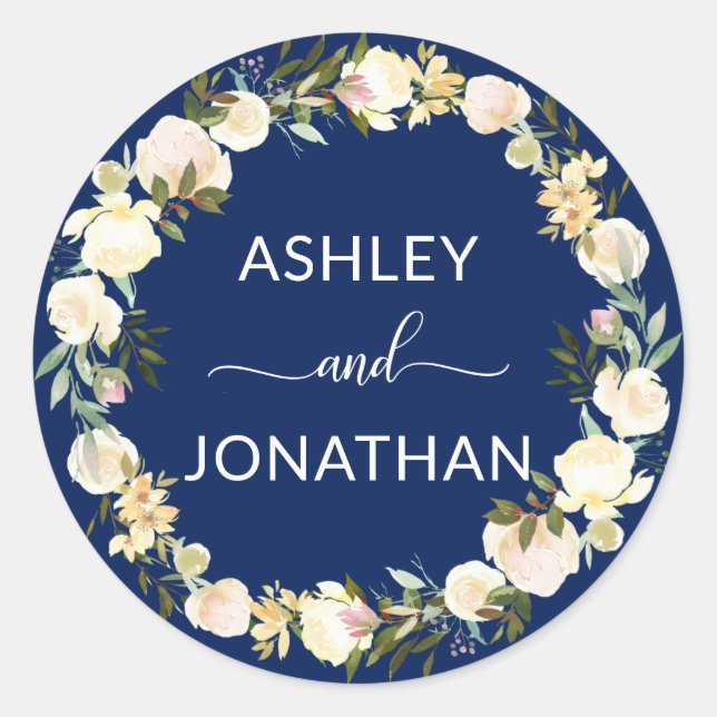 Floral Wreath Watercolor Navy Blue Wedding Seals (Front)