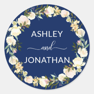 Floral Wreath Watercolor Navy Blue Wedding Seals