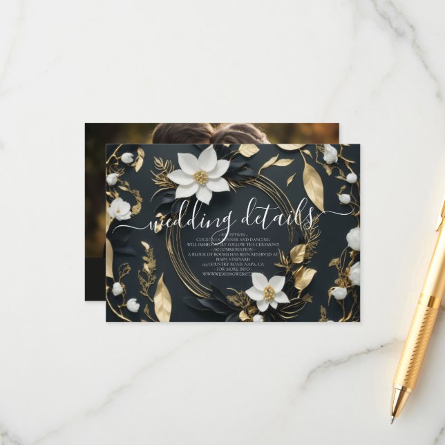 Floral Wreath Wedding Information Details Photo Enclosure Card (Front/Back In Situ)