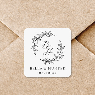 Floral Wreath Wedding Initial Monogram Square Sticker