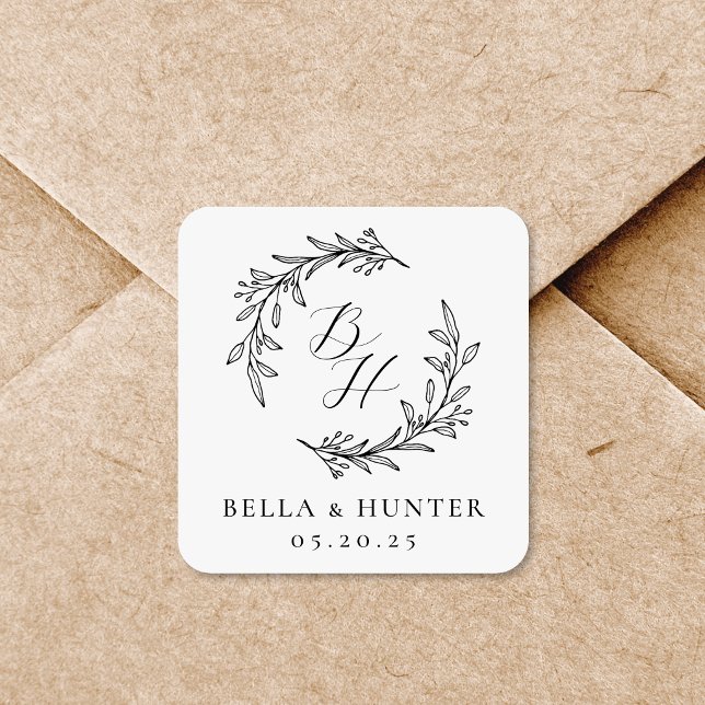 Floral Wreath Wedding Initial Monogram Square Sticker (Creator Uploaded)