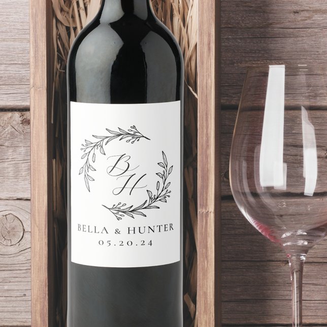 Floral Wreath Wedding Initial Monogram Wine Label (Creator Uploaded)