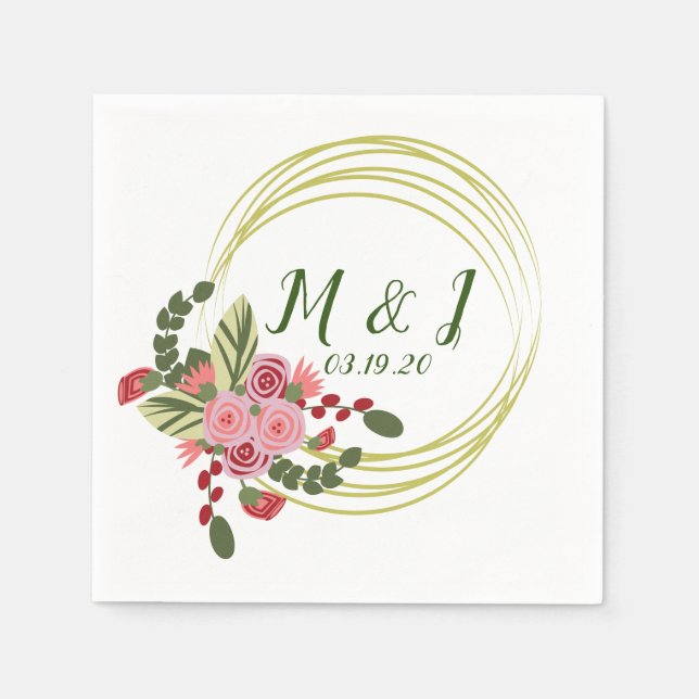 Floral Wreath Wedding Logo Initial Napkin (Front)