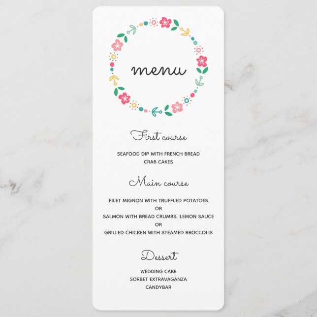 Floral wreath wedding menu card (Front)