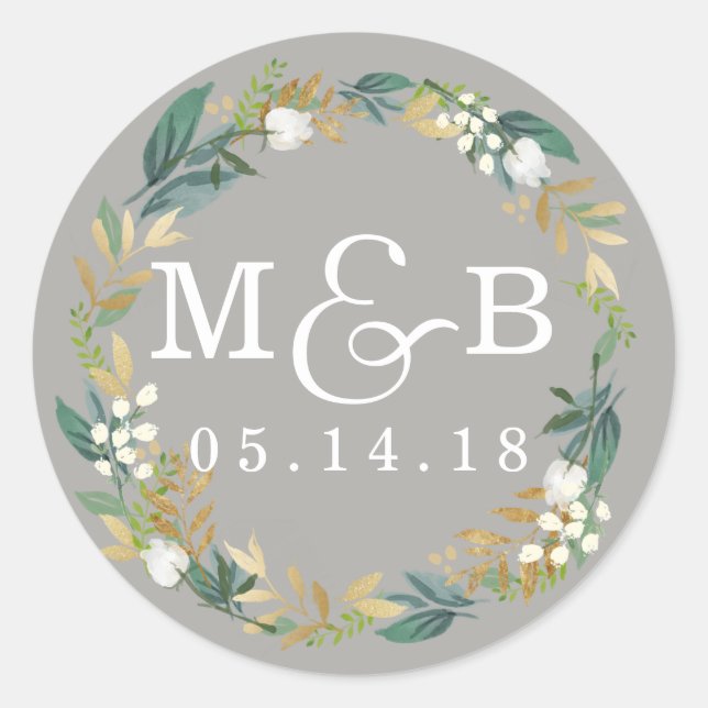 Floral Wreath Wedding Monogram Sticker (Front)