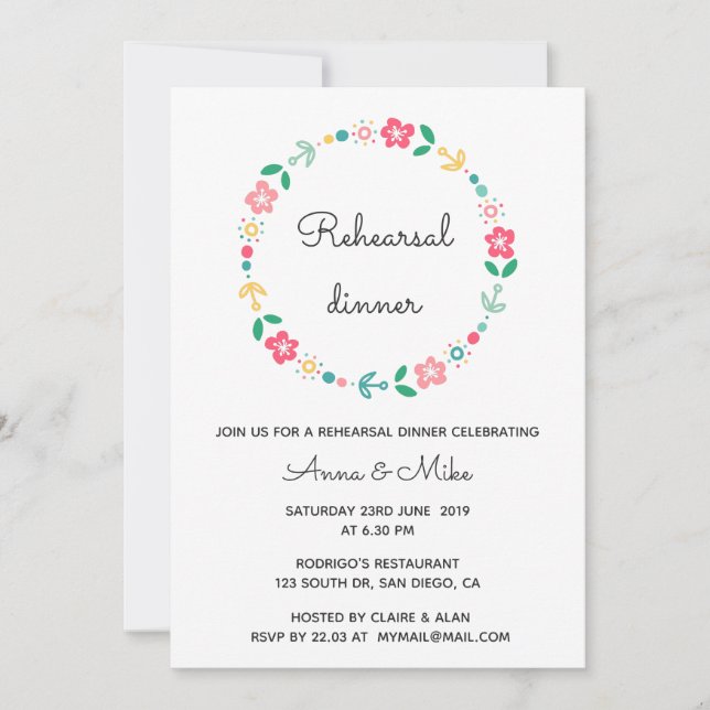 Floral wreath wedding rehearsal dinner invitation (Front)