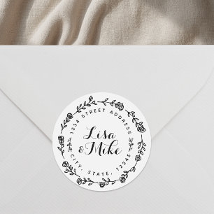 Floral Wreath Wedding Return Address Classic Round Sticker