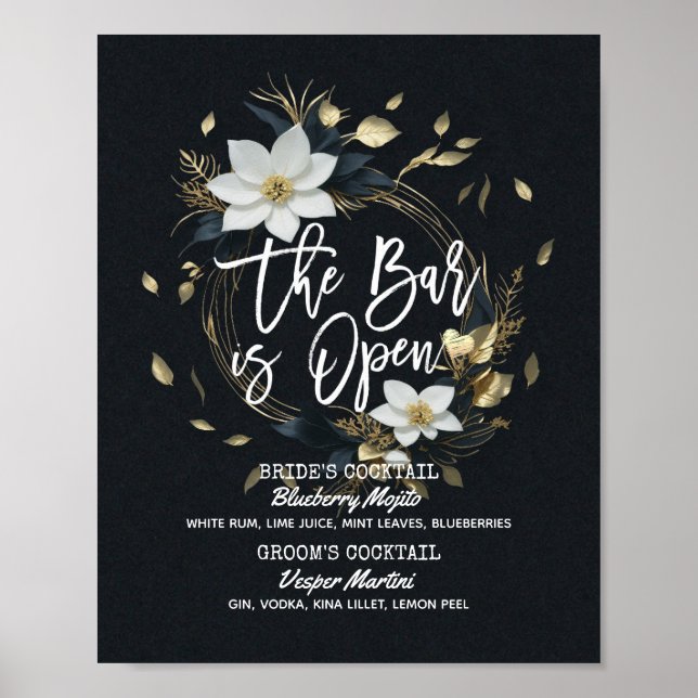 Floral Wreath Wedding The Bar is Open Drink Menu Poster (Front)
