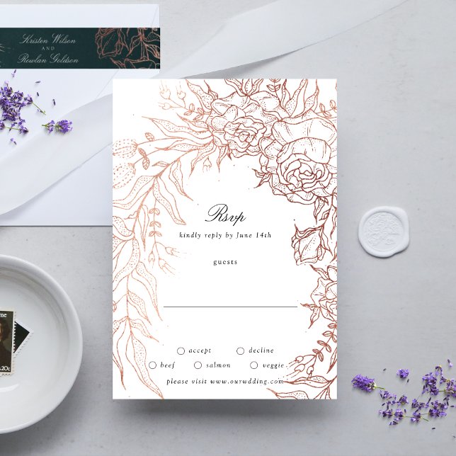 Floral Wreath White Black Emerald Copper Wedding RSVP Card (RSVP showcasing suite - additional items (bought separately))