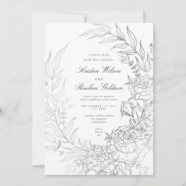 Floral Wreath White Black Silver Wedding Invitation (Front)