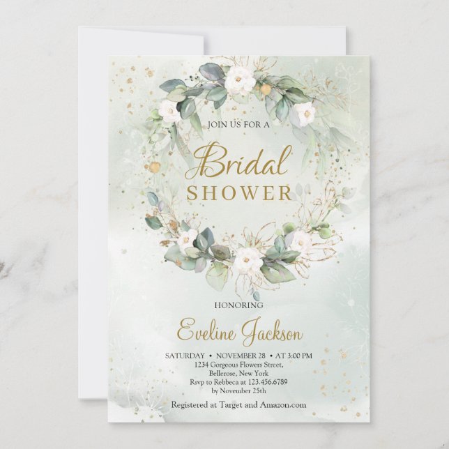 Floral wreath white roses greenery eucalyptus invitation (Front)