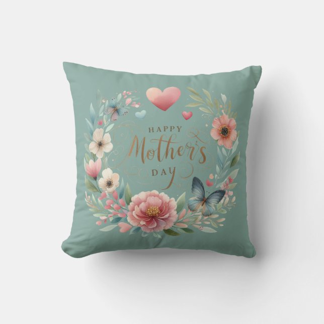 Floral Wreath with a Butterfly Happy Mother's Day  Cushion (Front)