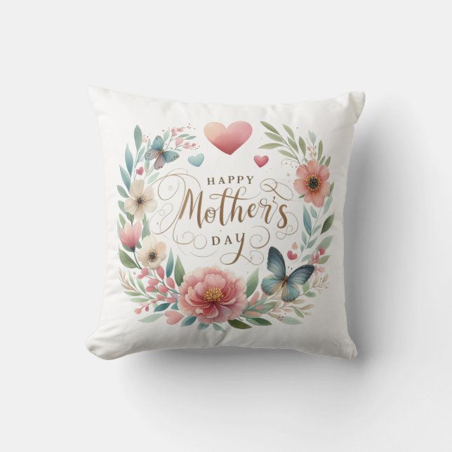 Floral Wreath with a Butterfly Happy Mother's Day  Cushion (Front)