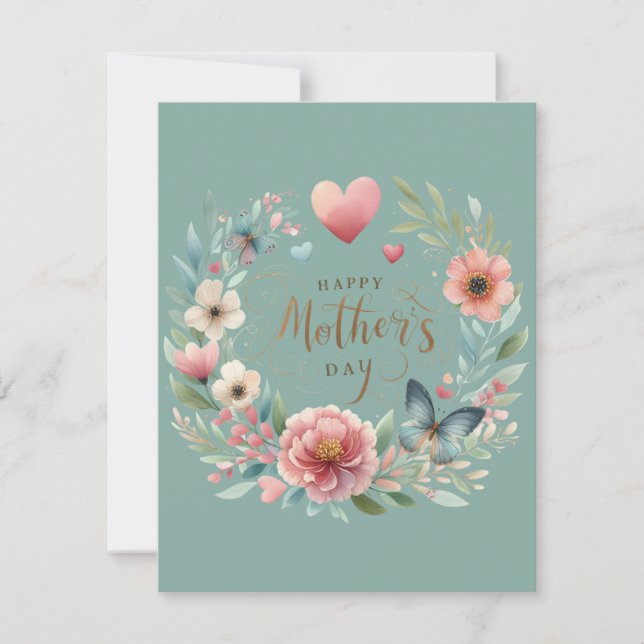 Floral Wreath with a Butterfly Happy Mother's Day  Holiday Card (Front)