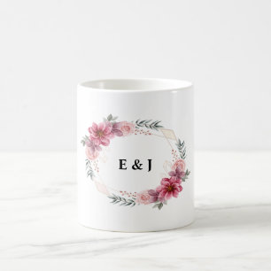 Floral Wreath with Bride & Groom Initials Inside Coffee Mug