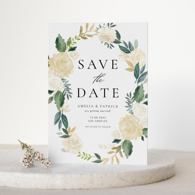 Floral Wreath with Ivory Flowers Save the Date Magnetic Invitation (Elegant floral save the date magnet featuring ivory flowers, greenery, and faux gold foil accents.)