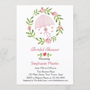 Floral Wreath with Pink Umbrella, Bridal Shower Invitation