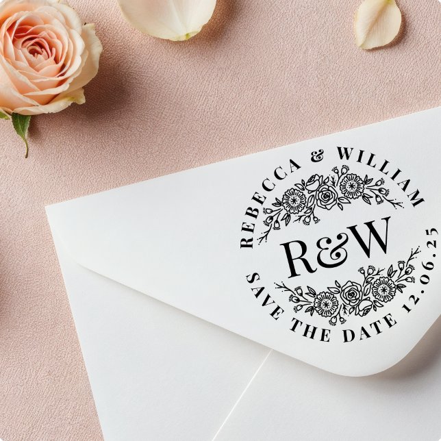 Floral Wreath Wooden Monogram Save The Date Rubber Stamp (Creator Uploaded)