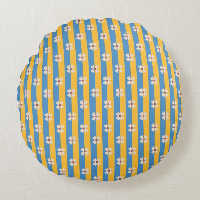 Floral Yellow and Aqua Striped Round Pillow (Front)