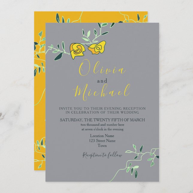 Floral Yellow and Grey Minimony Wedding Invitation (Front/Back)