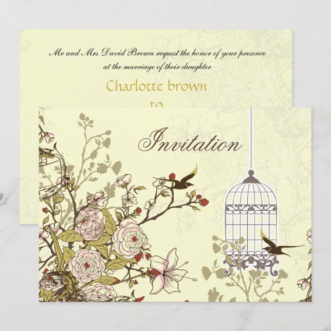 floral yellow bird cage, love birds invites (Front/Back)