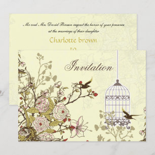 floral yellow bird cage, love birds invites