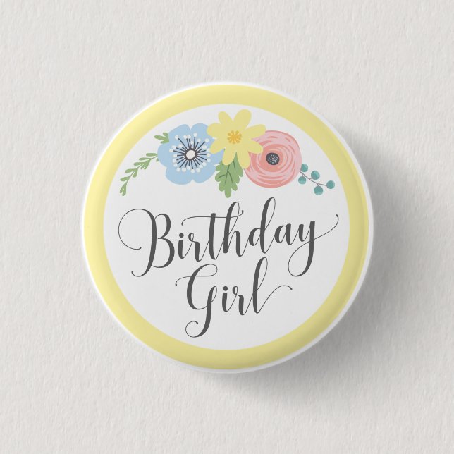 Floral Yellow Birthday Girl Baby & Kids Party 3 Cm Round Badge (Front)