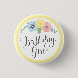 Floral Yellow Birthday Girl Baby & Kids Party 3 Cm Round Badge